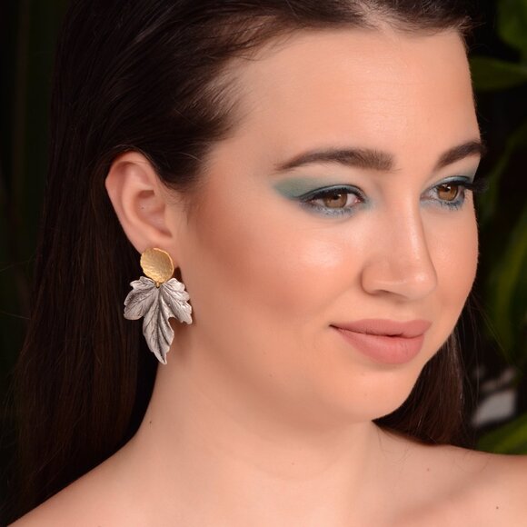 18K Gold and Silver Plated Leaf Drop Earrings - Picture 2 of 2